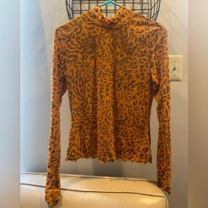 Urban Outfitters Sheer Orange Long Sleeve Turtleneck w/ Velvet Cheetah Detail